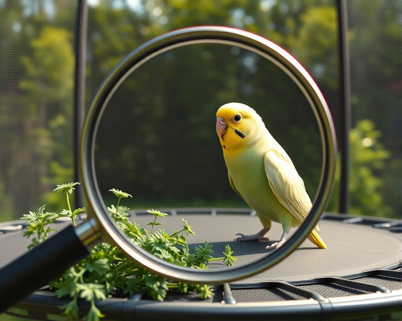 magnifying glass, parsley, trampoline, glasses, parakeet